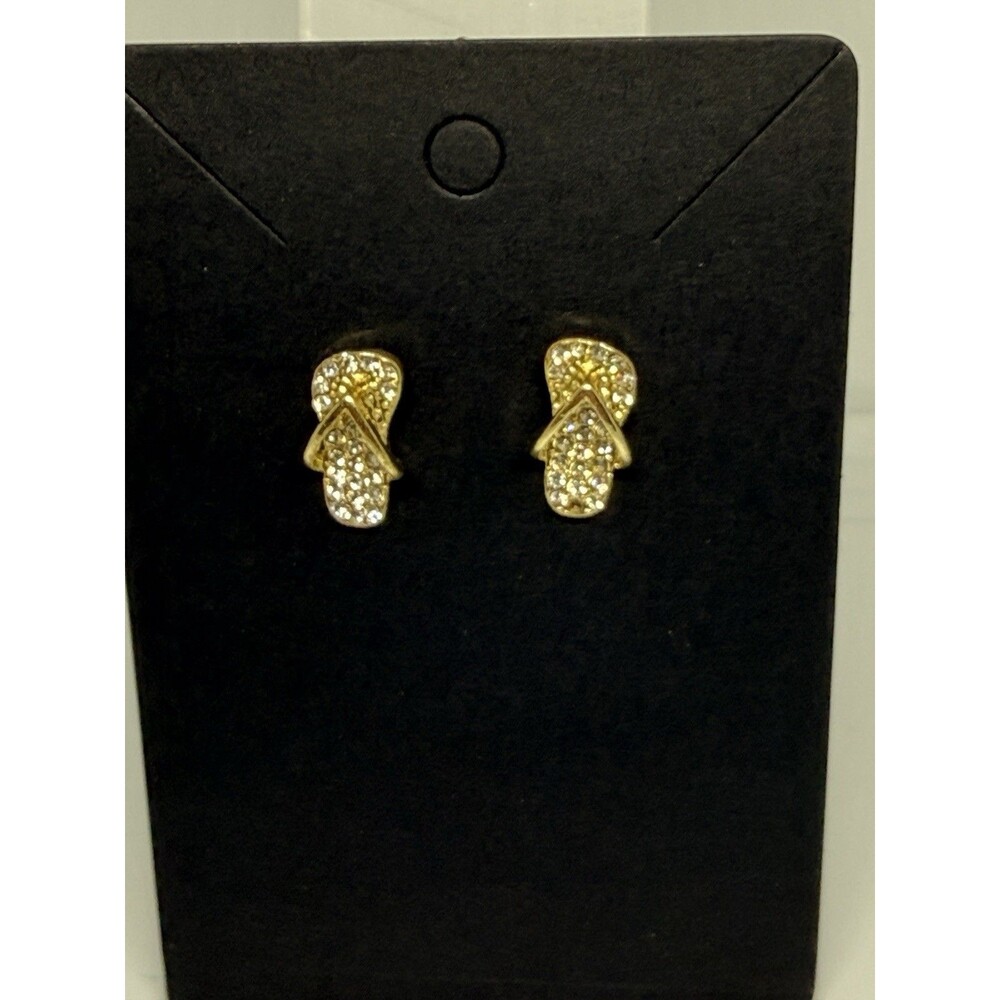 Beach Flip Flop Crystal Sparkle Gold Tone Earrings Post Pierced